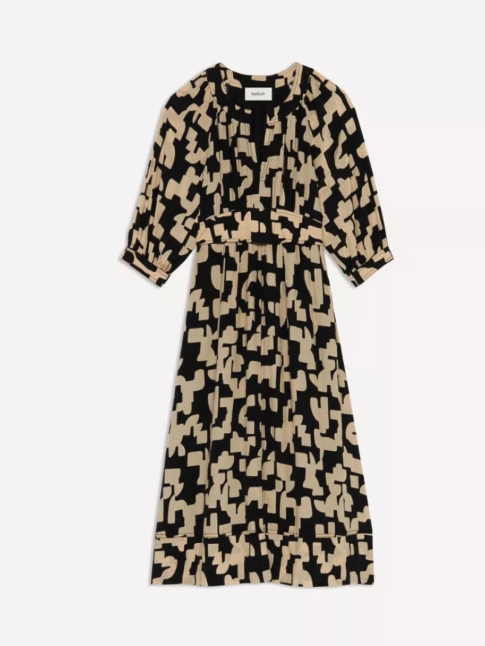 $365 EXC! ba&sh Paula Black Tan Abstract Print Midi V-neck Dres Size 1 US 4